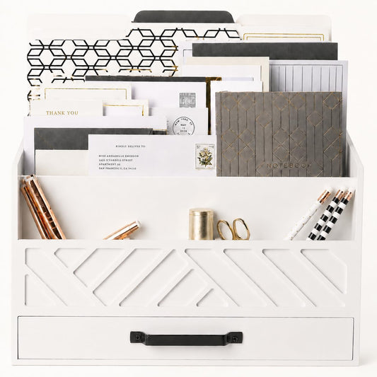 BLU MONACO | Wooden Mail Organizer with Drawer | Mail Organizer Countertop with 6 Compartments | Bill Holder for Desk | White Desktop Mail Sorter