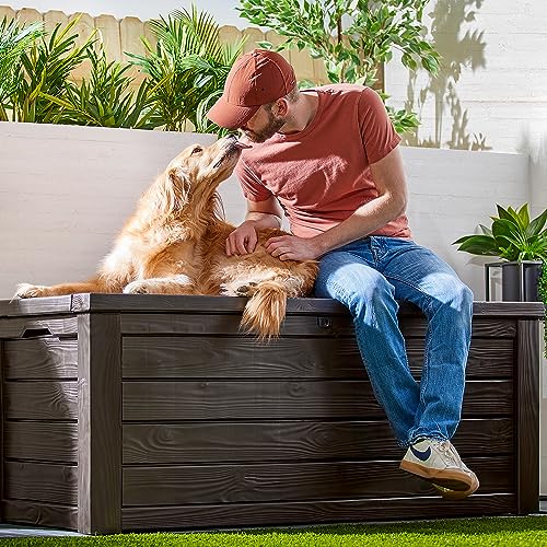 Keter 150 Gallon Resin Large Deck Box Organization and Storage Box for Patio, Outdoor Cushions, Garden Tools, Brown | Brown, Resin, Large, Weatherproof, Lockable, Hydraulic Pistons, Easy Assembly, Organization, Patio Cushions Storage