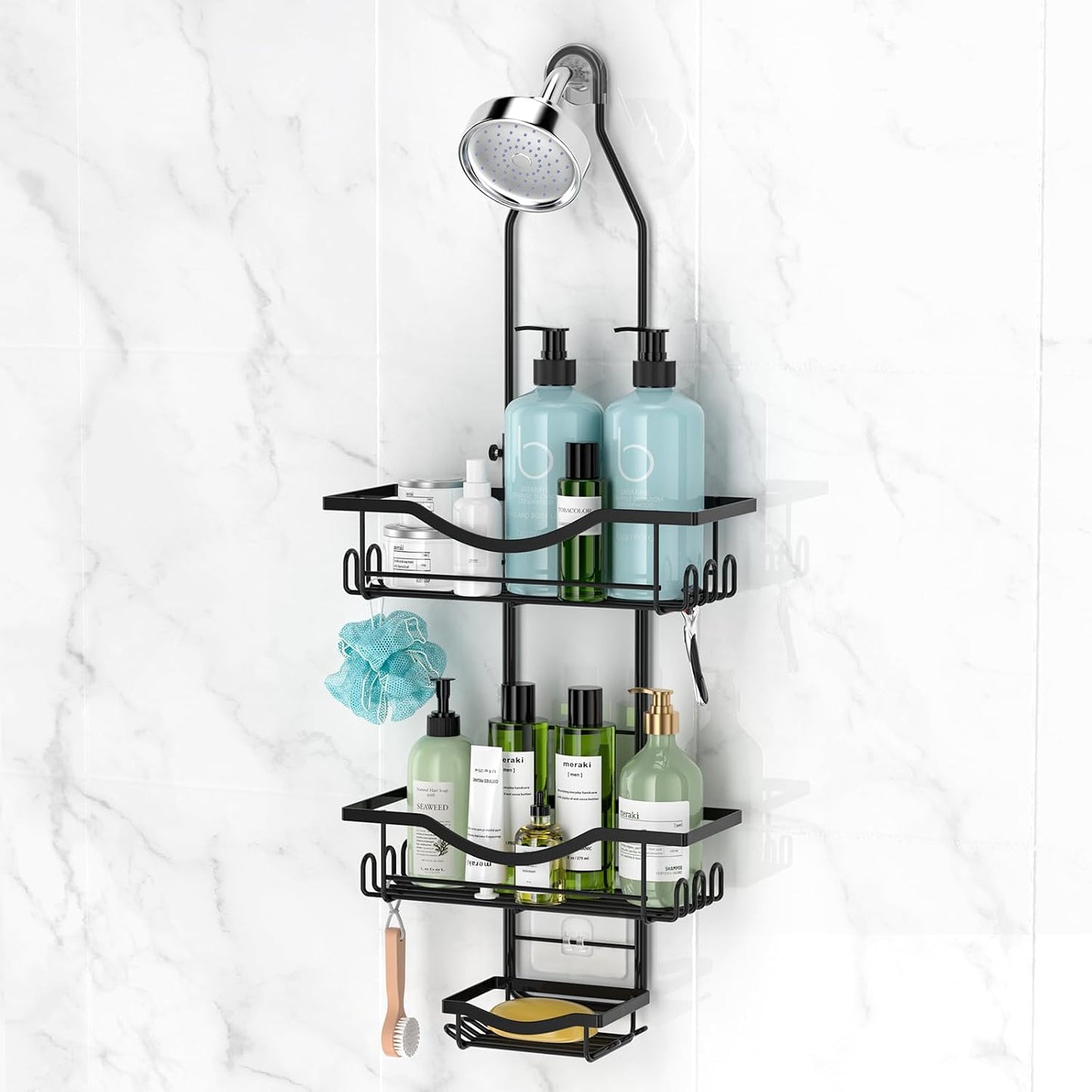 Adjustable Shower Caddy Hanging Rustproof Shower Organizer, Black | Extra Long, No Drilling, Anti-Slip, Shower Caddy Over Showerhead, Fast Draining, Soap Holder, 12 Hooks, Bathroom Accessories