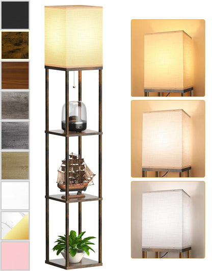 Floor Lamp with Shelves for Living Room Brown, Shelf Floor Lamp with 3 CCT LED Bulb, Corner Display Standing Column Lamp Etagere Organizer Tower Nightstand with White Linen Shade for Bedroom