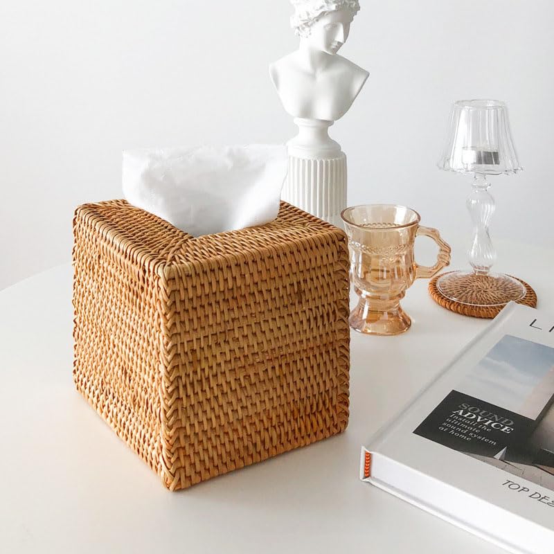 Rattan Tissue Box Cover Square, Wicker Tissue Box Holder, Decorative Woven Facial Tissue Holder for Bathroom, Kitchen, Living Room, Bedroom (Natural)