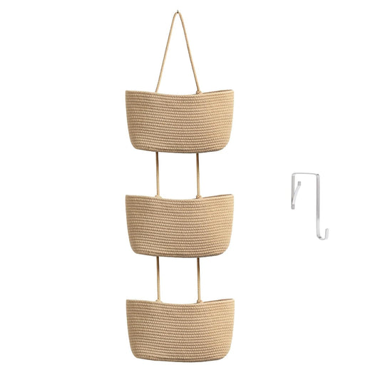 TeoKJ Over the Door Hanging Basket, 3-Tier Woven Cotton Wall-Mounted Storage Organizer Bag Decorative Hanging Nursery Baskets, Jute