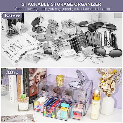 Desk Organizer with 4 Drawers, FODIENS Stackable Desktop Storage Box with Removable Drawer, Clear Sunglasses Organizer Display Case for Stationery Marker Pens Eyeglasses Office Supply