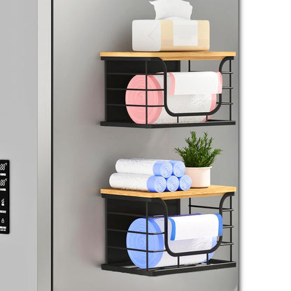 Magnetic Shelf for Fridge Trash Bag Organizer, 2 Pack, Black | Stackable Garbage Bag Holder, Bamboo Lid, Magnetic Storage Bin, For Refrigerator, Under Sink, Kitchen, Pantry