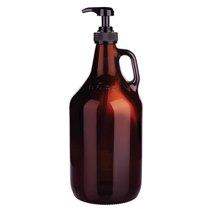 Large Amber Pump Bottle for Salons, Shampoo, Conditioner, Hair Serum, Gel - Half Gallon Glass Jug Pump Dispenser - 64 oz Capacity - Pack of 1- by Kitchentoolz