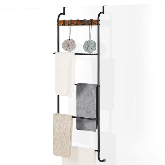 Over the Door Towel Rack Over The Door Towel Bar for Bathroom | Back of Door Towel Rack, 5 Tier Over The Door Towel Bar with Hooks, Black Door Rack Hanger, Stable Suction Cup Design
