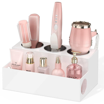NIUBEE Acrylic Hair Tool Organizer,Hair Dryer Holder Countertop with 3 Cups | White, Hot Tools Organizer, Hair Blow Dryer Organizer for Curling Iron, Brush, Straightener, Makeup,Skincare,Vanity, Bathroom