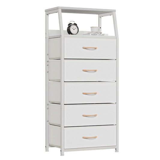 White Tall Dresser for Bedroom, 5 Fabric Bins Tall... (White | Alloy Steel)