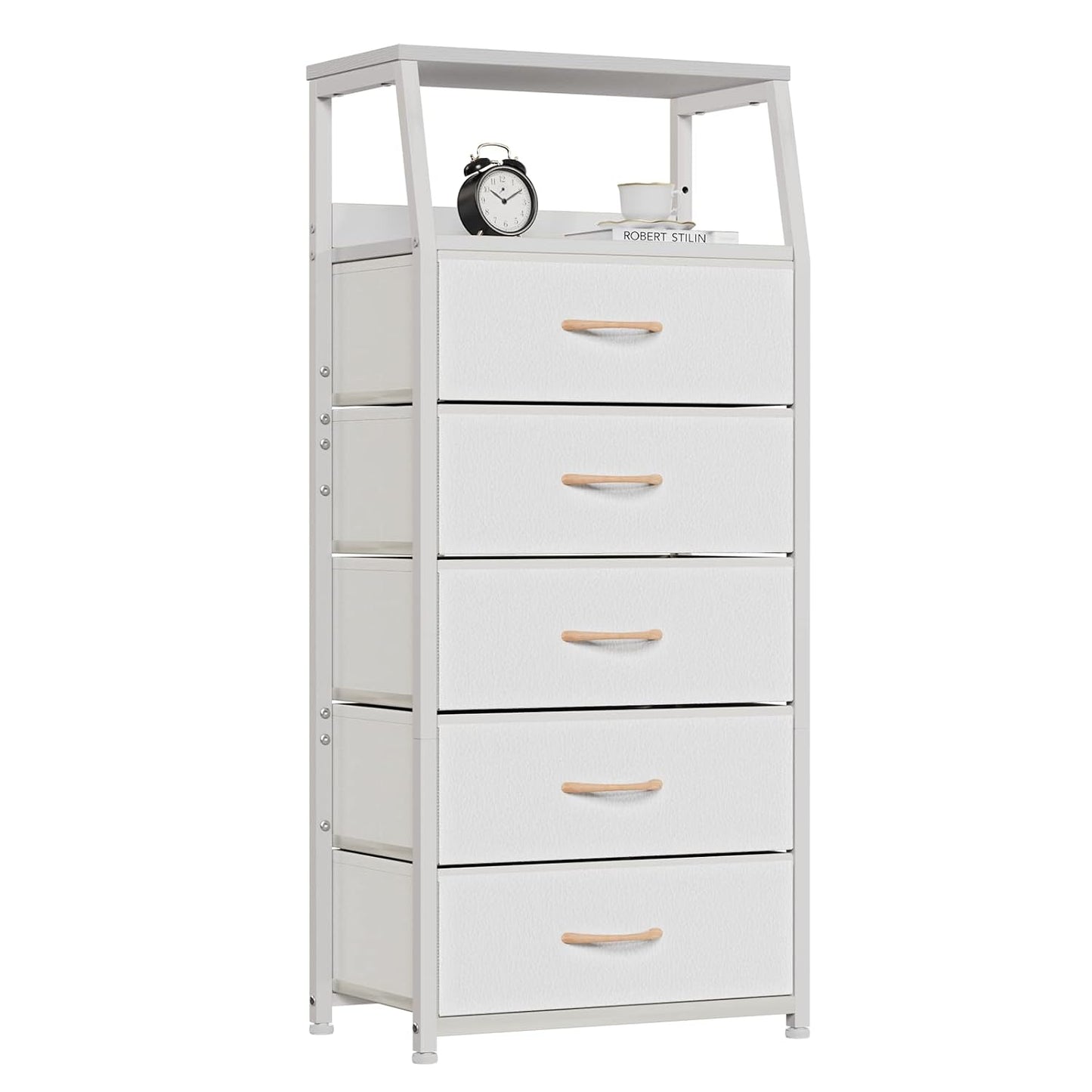 White Tall Dresser for Bedroom, 5 Fabric Bins Tall Nightstand | Dorm Dresser, Vertical Storage for Closet, Chest of Drawer for Entryway, Nightstand Bedside Table, Metal Frame,Wood Top