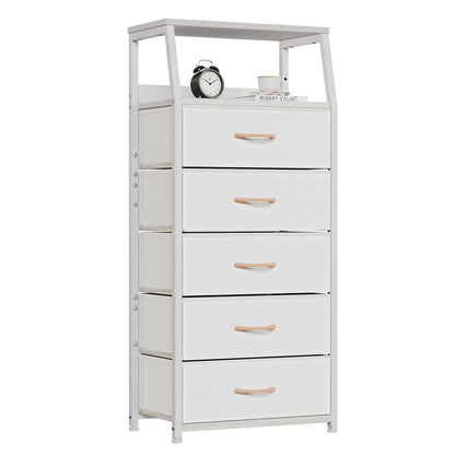 White Tall Dresser for Bedroom, 5 Fabric Bins Tall Nightstand | Dorm Dresser, Vertical Storage for Closet, Chest of Drawer for Entryway, Nightstand Bedside Table, Metal Frame,Wood Top