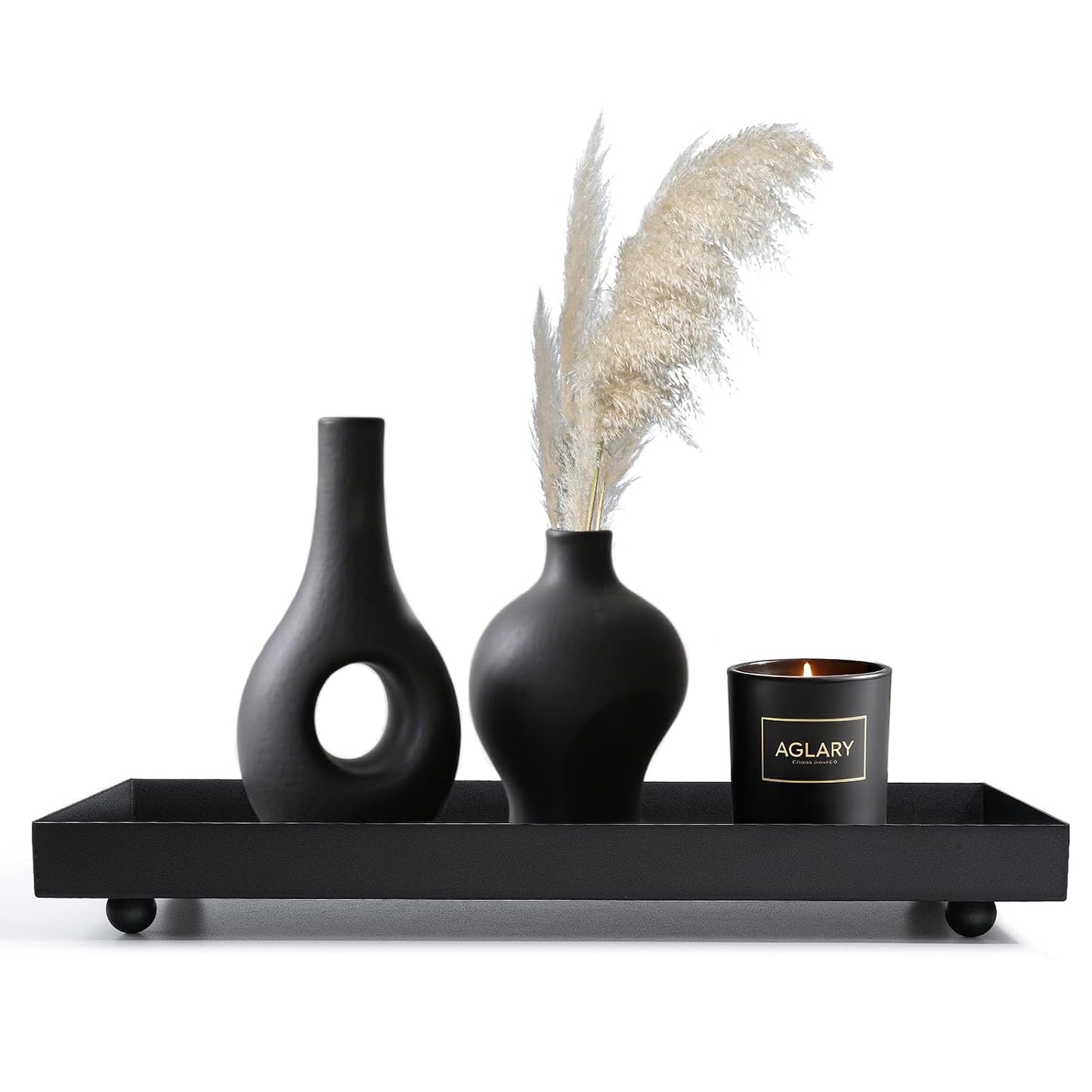 15.7"x5.9" Matte Black Rectangular Metal Tray, Candle & Jewelry Organizer | Rust-Resistant Iron, Powder Coating, Smooth Polished Edges, Elevated Ball Feet, Industrial Modern, Coffee Table & Vanity