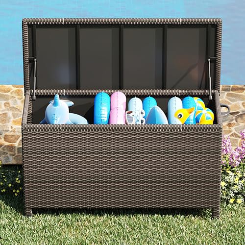 Wicker Deck Box, 185 Gallon All-Weather Outdoor Storage Box - Brown | Rattan Storage Bin for Patio Furniture, Outdoor Cushions, Pool Storage and Garden Tools