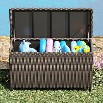 Wicker Deck Box, 185 Gallon All-Weather Outdoor Storage Box - Brown | Rattan Storage Bin for Patio Furniture, Outdoor Cushions, Pool Storage and Garden Tools
