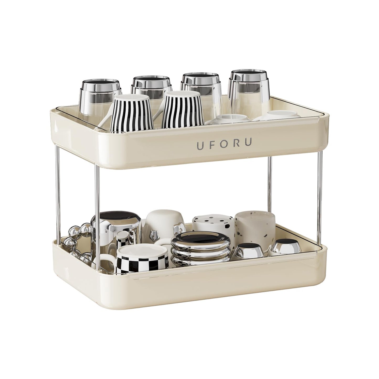 UFORU Countertop Coffee Station Organizer,Cup Rack,Mug & Wine Glass Holder | 2-Tier Cream White Mug Shelf with Removable Drain Tray,Bathroom Countertop Organizer,Spice Rack for Kitchen