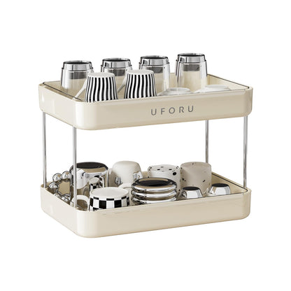 UFORU Countertop Coffee Station Organizer,Cup Rack,Mug & Wine Glass Holder | 2-Tier Cream White Mug Shelf with Removable Drain Tray,Bathroom Countertop Organizer,Spice Rack for Kitchen