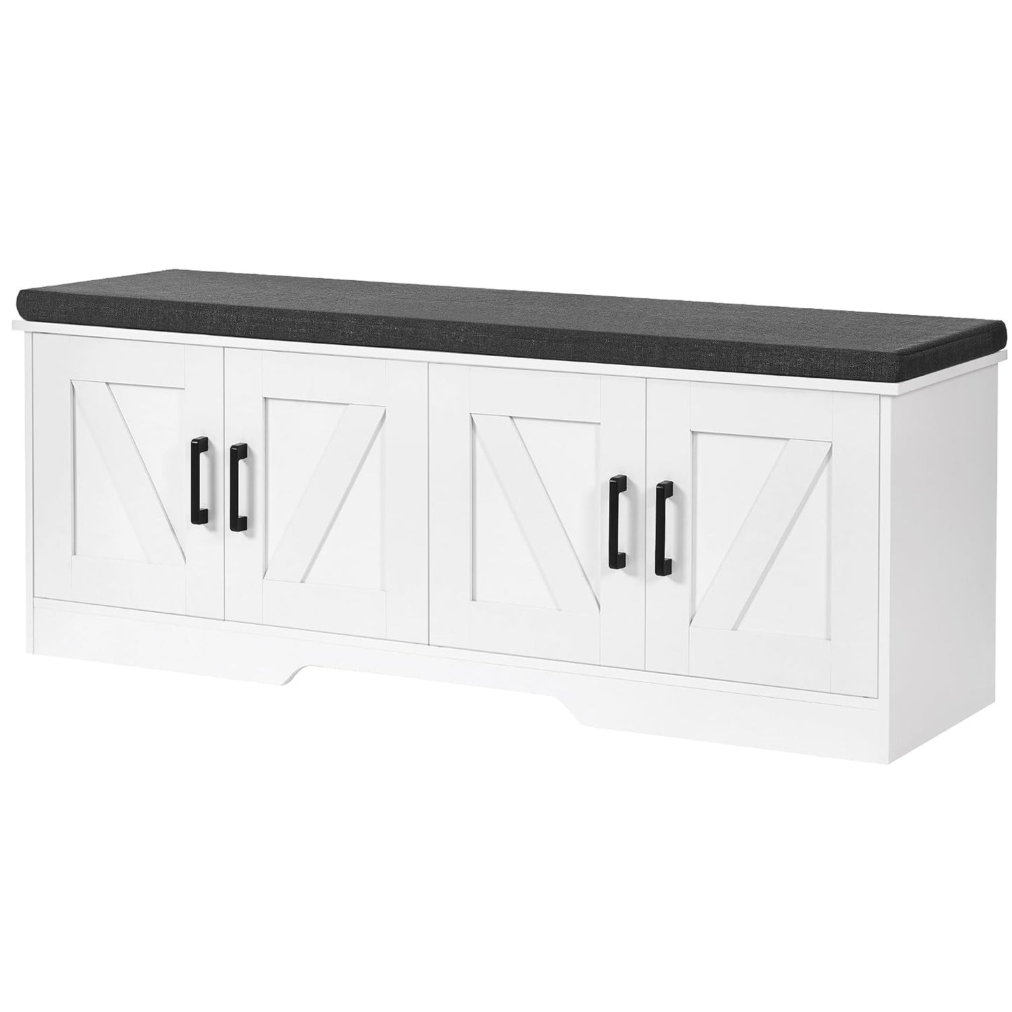 HOMSHO Farmhouse Shoe Storage Bench with 4 Barn Doors & Padded Seat Cushion | 47.2" Wide Entryway Bench with Adjustable Shelves & Hidden Storage, White
