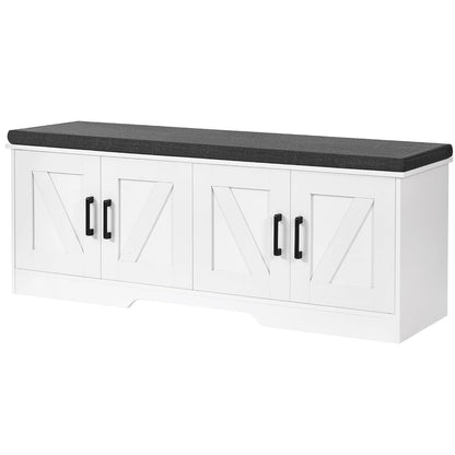 HOMSHO Farmhouse Shoe Storage Bench with 4 Barn Doors & Padded Seat Cushion | 47.2" Wide Entryway Bench with Adjustable Shelves & Hidden Storage, White