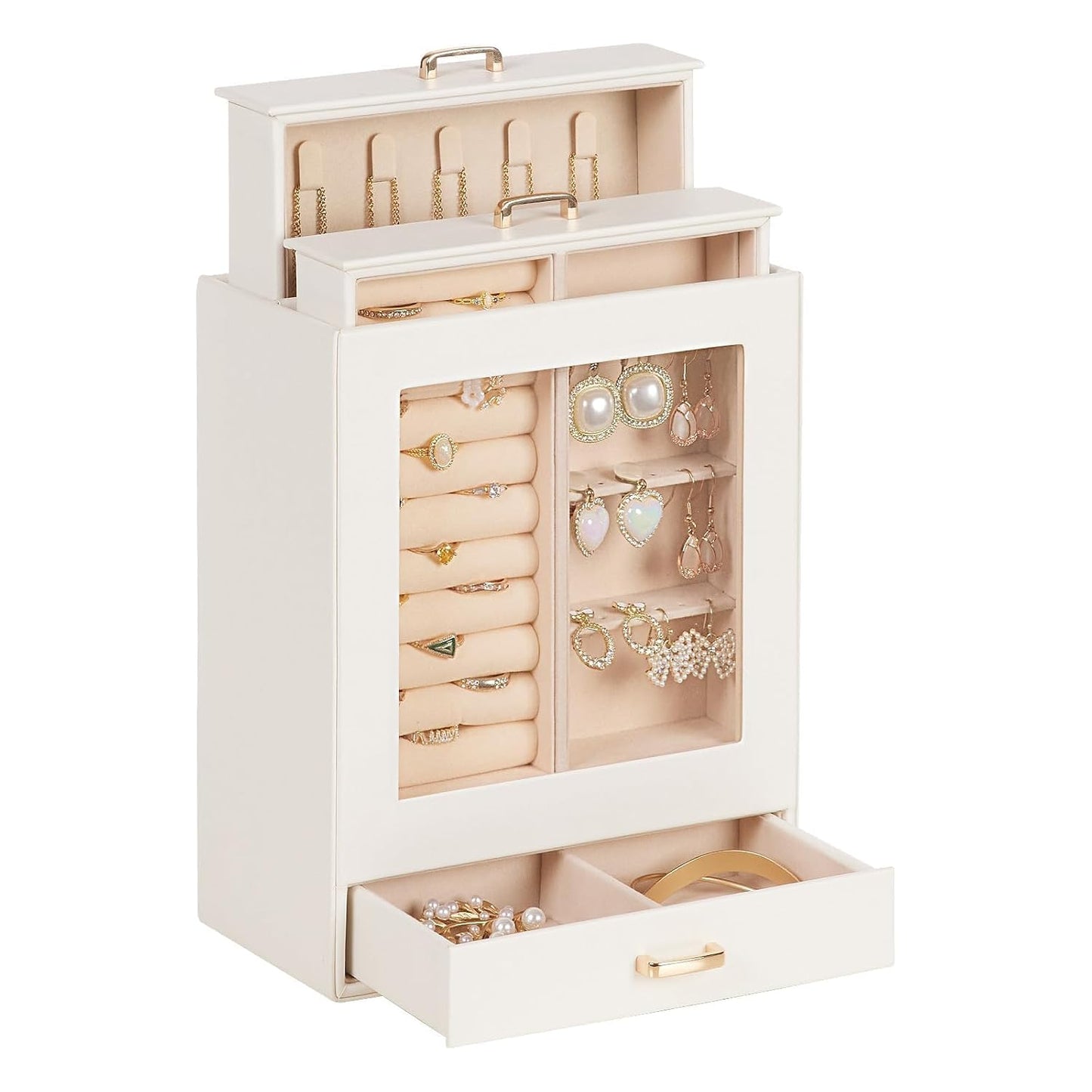 Homde Display Jewelry Box for Girls: Starter Organizer with Clear Window | Vertical Drawers for Earrings Rings Necklaces - Compact Footprint Fits Small Vanities - Birthday&Graduation Gift for Teens
