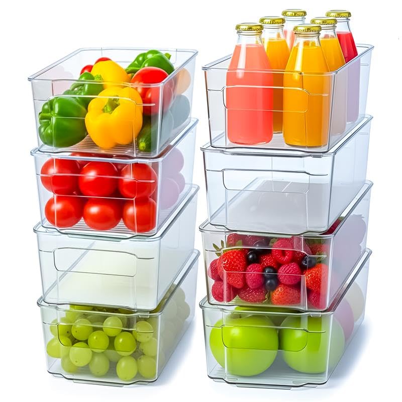 Utopia Home Plastic Stackable Storage Bins for Fridge, 8 Pack, Clear | Durable Plastic Storage Containers with Easy Grip Handles for Pantry, Kitchen Cabinets & Countertops