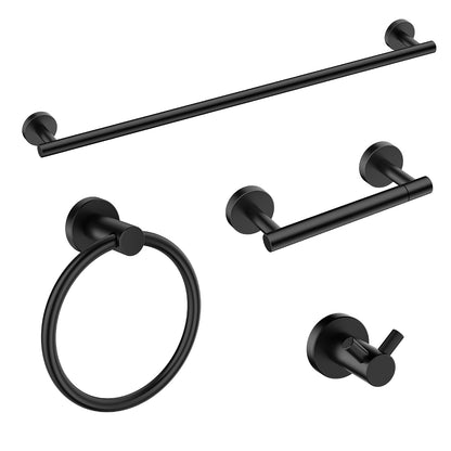 FORIOUS Bathroom Accessories, 4-Piece Bathroom Hardware Set - 24" Towel Bar | Matte Black | Towel Hooks, Towel Racks for Bathroom, Toilet Paper Holder Wall Mounted & Towel Ring | SUS304 Stainless Steel