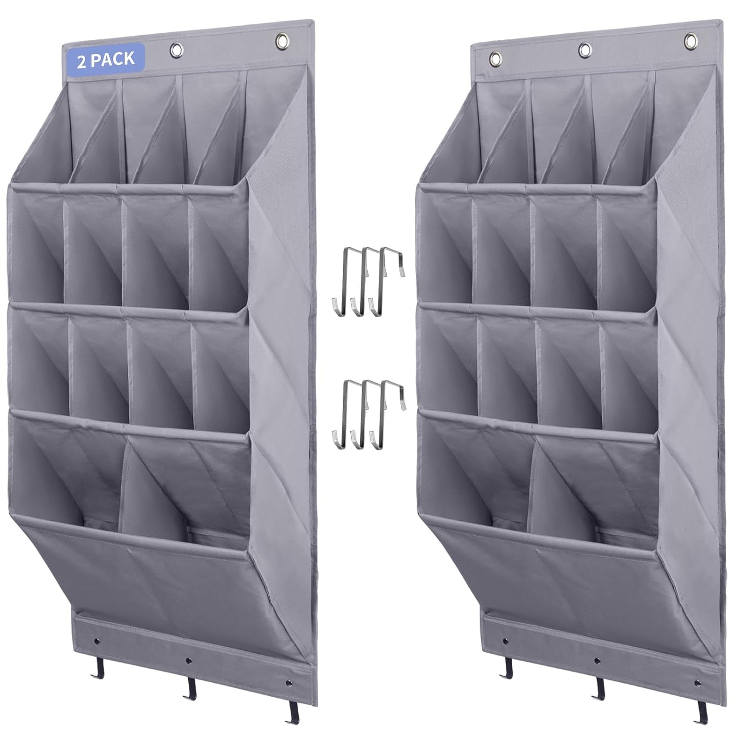 2 Pack Over the Door Shoe Organizer, Hanging Shoe Organizer Rack,24 Large Pockets and 4 Larger Storage Various Compartments with 6 Hooks, Home Accessories, Grey