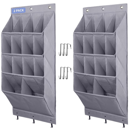 2 Pack Over the Door Shoe Organizer, Hanging Shoe Organizer Rack,24 Large Pockets and 4 Larger Storage Various Compartments with 6 Hooks, Home Accessories, Grey