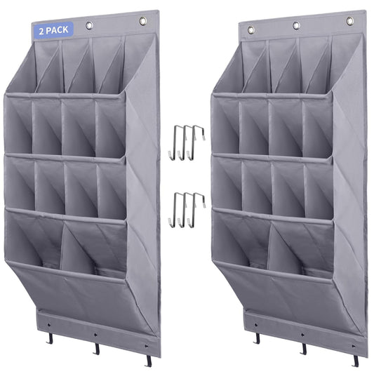 FENTEC 2 Pack Over the Door Shoe Organizer, Hanging Shoe Organizer Rack,24 Large Pockets and 4 Larger Storage Various Compartments with 6 Hooks, Home Accessories, Grey