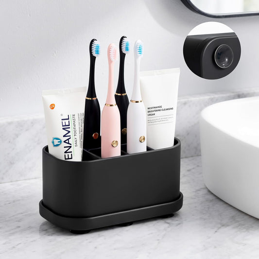 Luxspire Toothbrush Holders for Bathrooms, Silicone, 5 Slots, Black | Toothbrush Organizer with Suction Cup Tray, Toothbrush Holder with Drainage for Bathroom Countertop