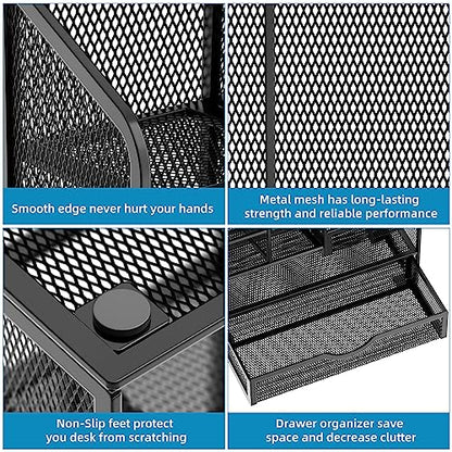 Marbrasse Mesh Pen Holder for Desk, Multi-Functional Pencil Organizer with Drawer, Desk Organizers and Accessories for Office Art Supplies (Black)