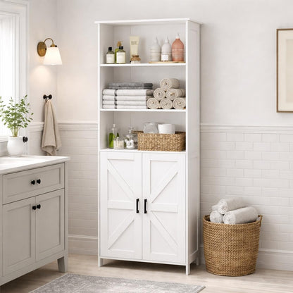 67" Tall Bathroom Storage Cabinet, Bathroom Floor Cabinet | Freestanding Farmhouse Cabinet with Doors and Adjustable Shelf, Linen Cabinet for Bathroom, Living Room, Laundry Room, White