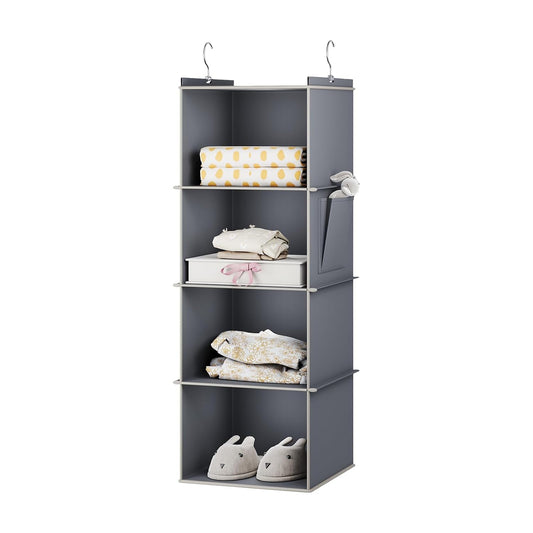 YOUDENOVA Hanging Closet Organizer and Storage for Clothes, 4-Shelf, Grey | Locker/RV/Camper Organizer, Side Pocket, Hanging Shelves for Small Closet, Dorm Room Essentials for Guys, Breathable Fabric