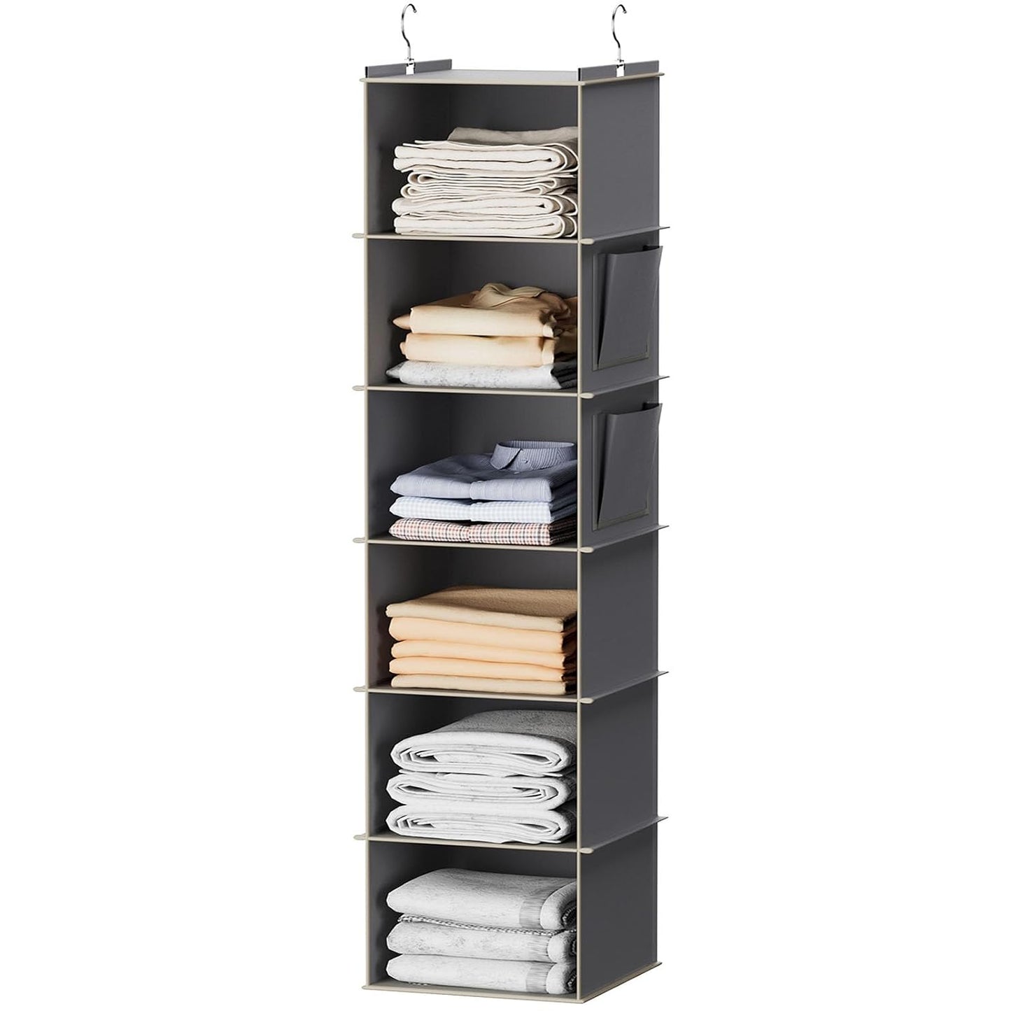YOUDENOVA Hanging Closet Organizer and Storage, 6-Shelf, Grey | Dorm Room Essentials for Guys, Clothes Organizer with 2 Side Pockets, Hanging Shelves for Closet Storage, Breathable Fabric