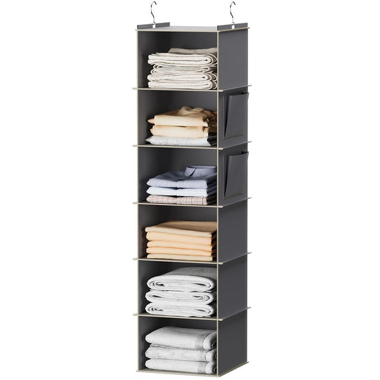 YOUDENOVA Hanging Closet Organizer and Storage, 6-Shelf, Grey | Dorm Room Essentials for Guys, Clothes Organizer with 2 Side Pockets, Hanging Shelves for Closet Storage, Breathable Fabric