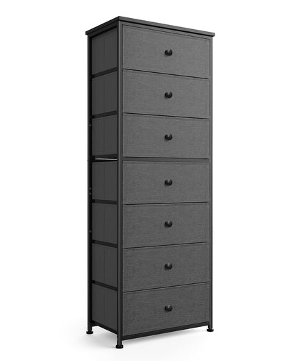 Mifuro Tall Fabric Dresser for Bedroom, Vertical Storage Organizer Tower with 7 Drawers, Chest of Drawers with Bins, Steel Frame, Wood Top for Bedroom, Closet, Entryway Grey