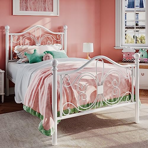 SHA CERLIN Twin Size Metal Bed Frame with Butterfly Headboard, White