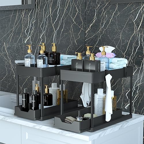MEAFBIRD 2 Pack Under Sink Organizer, 2 Tier Bathroom Cabinet Organizer with Sliding Basket, Multi-Purpose Under Sink Organizers and Storage for Bathroom Kitchen (Black 2 Pack)