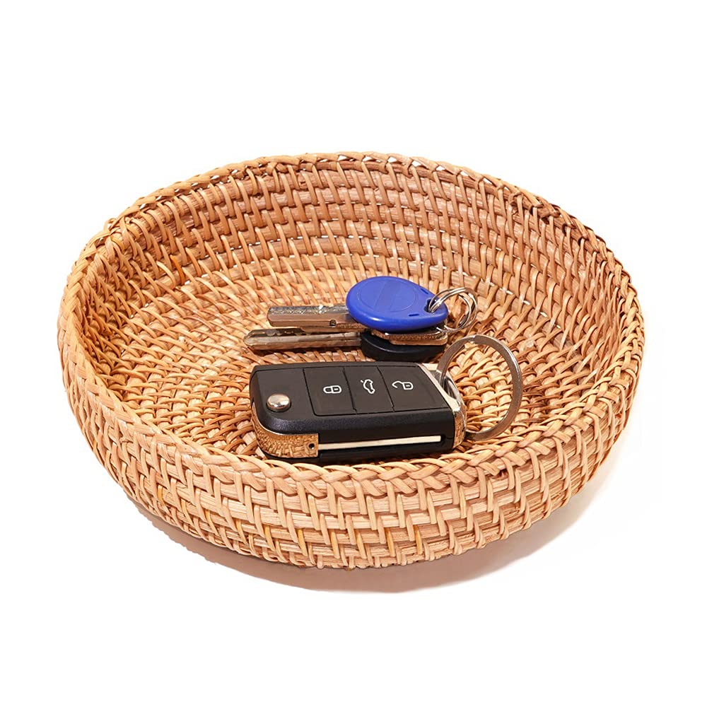 Small Round Keys Basket for Entryway Woven Baskets for Organizing Tabletop Decorative Wicker Organizer Basket for Keys Wallet Cell Phone for Fruit Candy Cracker | Basket for Keys Wallet Cell Phone, Small Item Organizer, Tabletop Decoration