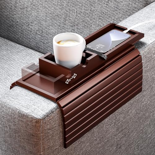 Bamboo Couch Armrest Table with Cup Holder Tray (Walnut) | 2 in 1 Anti-Slip Couch Caddy for Drinks Cellphone TV Remote Snacks