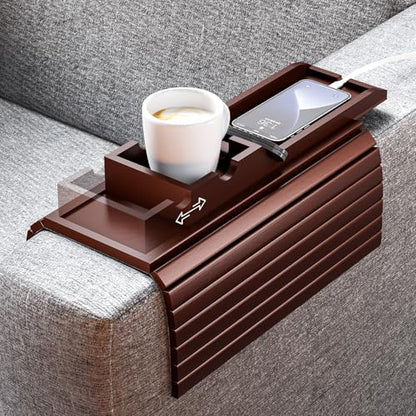 Bamboo Couch Armrest Table with Cup Holder Tray (Walnut) | 2 in 1 Anti-Slip Couch Caddy for Drinks Cellphone TV Remote Snacks