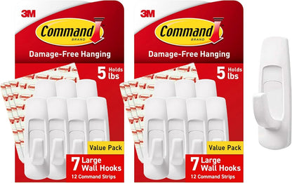 Command 5 lb Large Utility Hooks,7 Hooks and 12 Strips,Damage-Free Hanging Wall Hook with Adhesive Strips,No Tools Required,Great for Home Kitchen Office Organization,(Pack of 2)