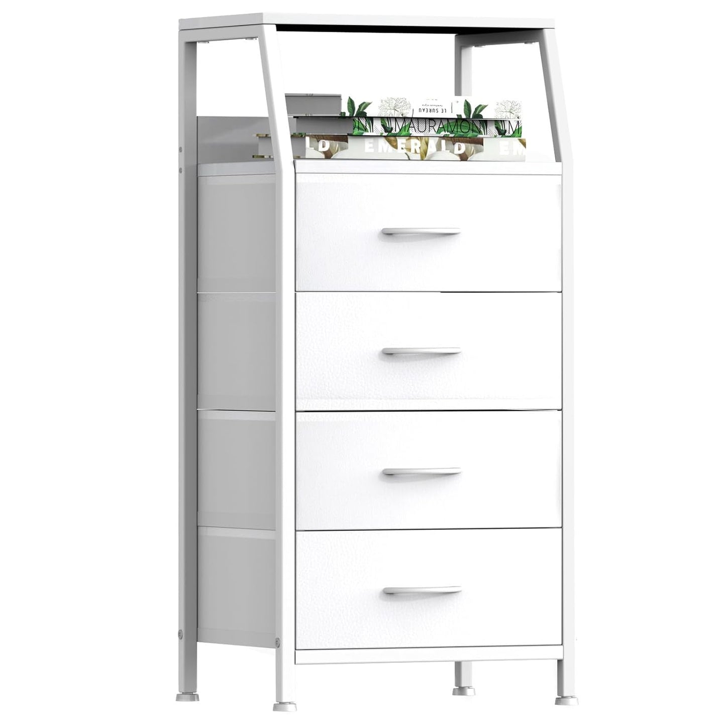 4 Drawers Small Fabric Dresser for Bedroom, Tall Dorm Nightstand | Vertical Storage Tower Closet Organizer, Skinny Narrow Bedside Table for Entryway, Steel Frame, Wooden Top