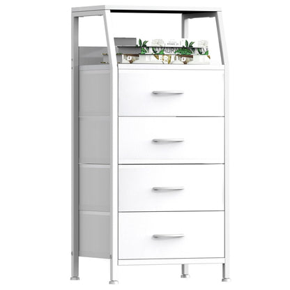 4 Drawers Small Fabric Dresser for Bedroom, Tall Dorm Nightstand | Vertical Storage Tower Closet Organizer, Skinny Narrow Bedside Table for Entryway, Steel Frame, Wooden Top