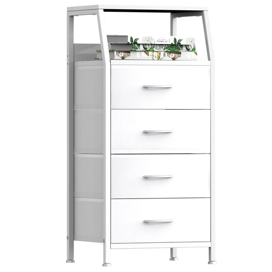 4 Drawers Small Fabric Dresser for Bedroom, Tall Dorm Nightstand | Vertical Storage Tower Closet Organizer, Skinny Narrow Bedside Table for Entryway, Steel Frame, Wooden Top