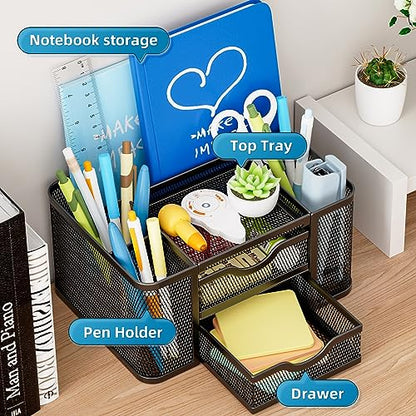Marbrasse Mesh Desk Organizer, Pen Organizer with 2 Drawer, Multi-Functional Pencil Holder, Desk Organizers and Accessories with 5 Compartments + Drawer for Office Art Supplies (Black)