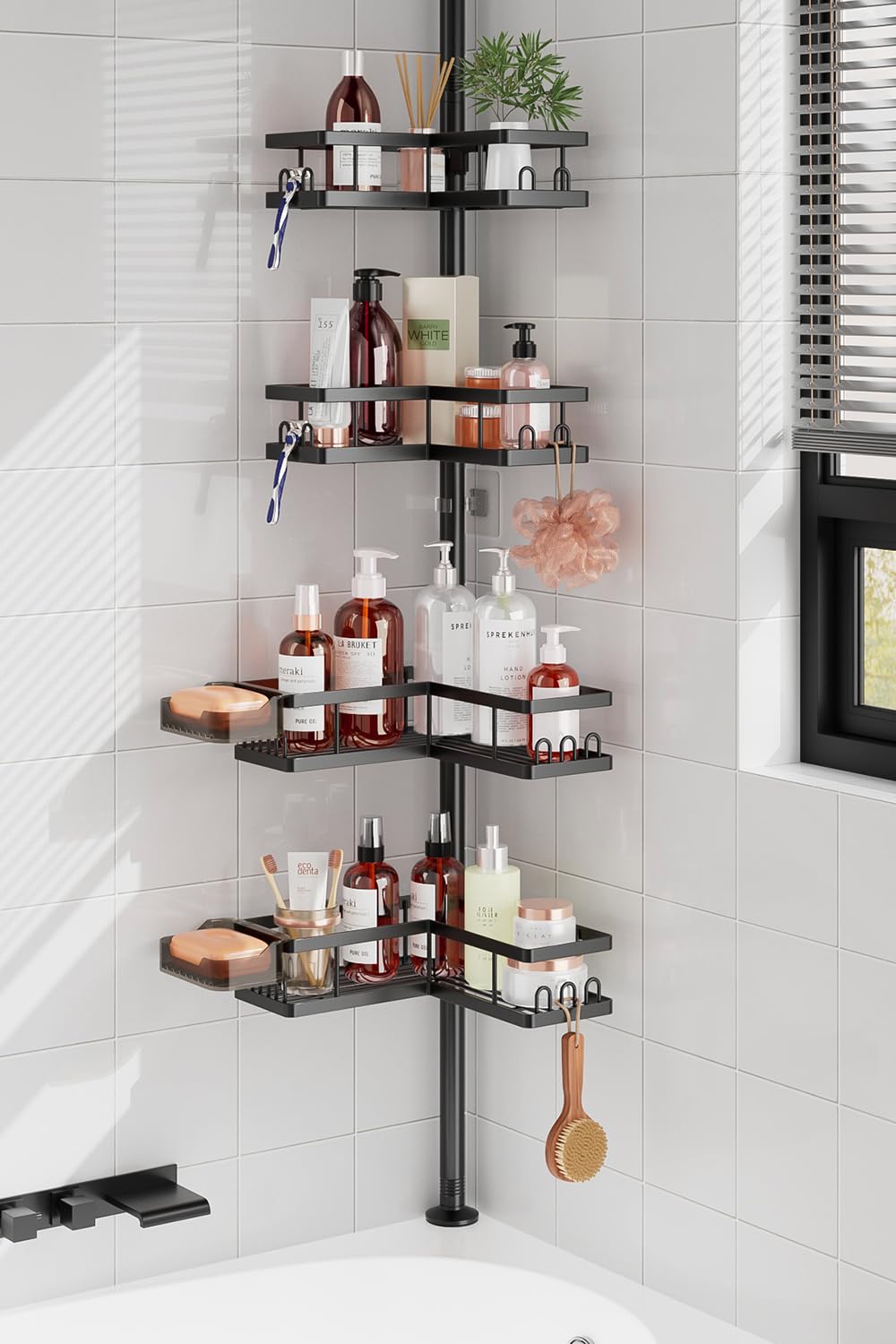 Corner Shower Caddy Tension Pole, 25.7-109.1in Adjustable Shower Shelves, Rust-Resistant Shower Organizer, No-Drill 3-Step Installation, Bathroom Shelves for Renters & Family, Black