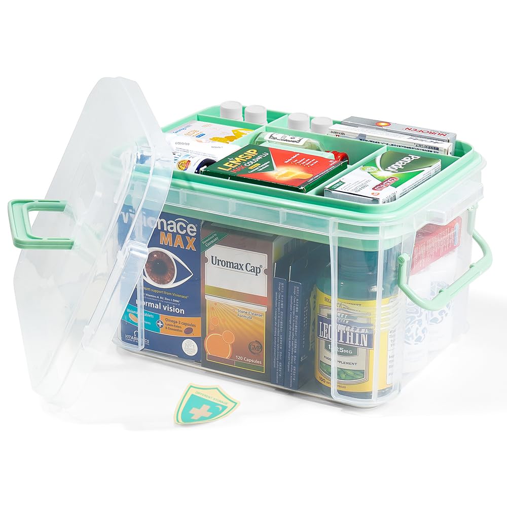 HEY FOLY 15qt Clear Medicine Organizer Storage Box with Tray, Plastic First Aid Box Empty, Thickened Medicine Container Chest, Multipurpose Medical Case with Labels, Medicine Caddy with Lids Handles