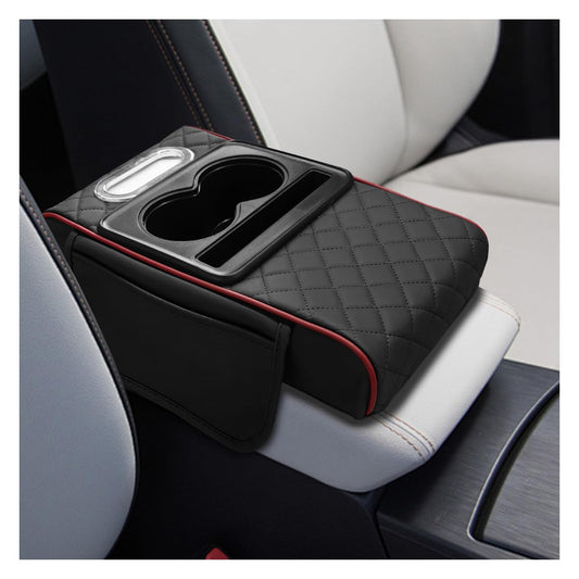 Leather Car Center Console Cover, Armrest Booster Cushion,BlackRed | Universal Vehicle Middle Console Organizer with 2 Cup Holders, Side Storage Bag, Tissue Box & Phone Slot, 13.38"×7.28"×2.44"