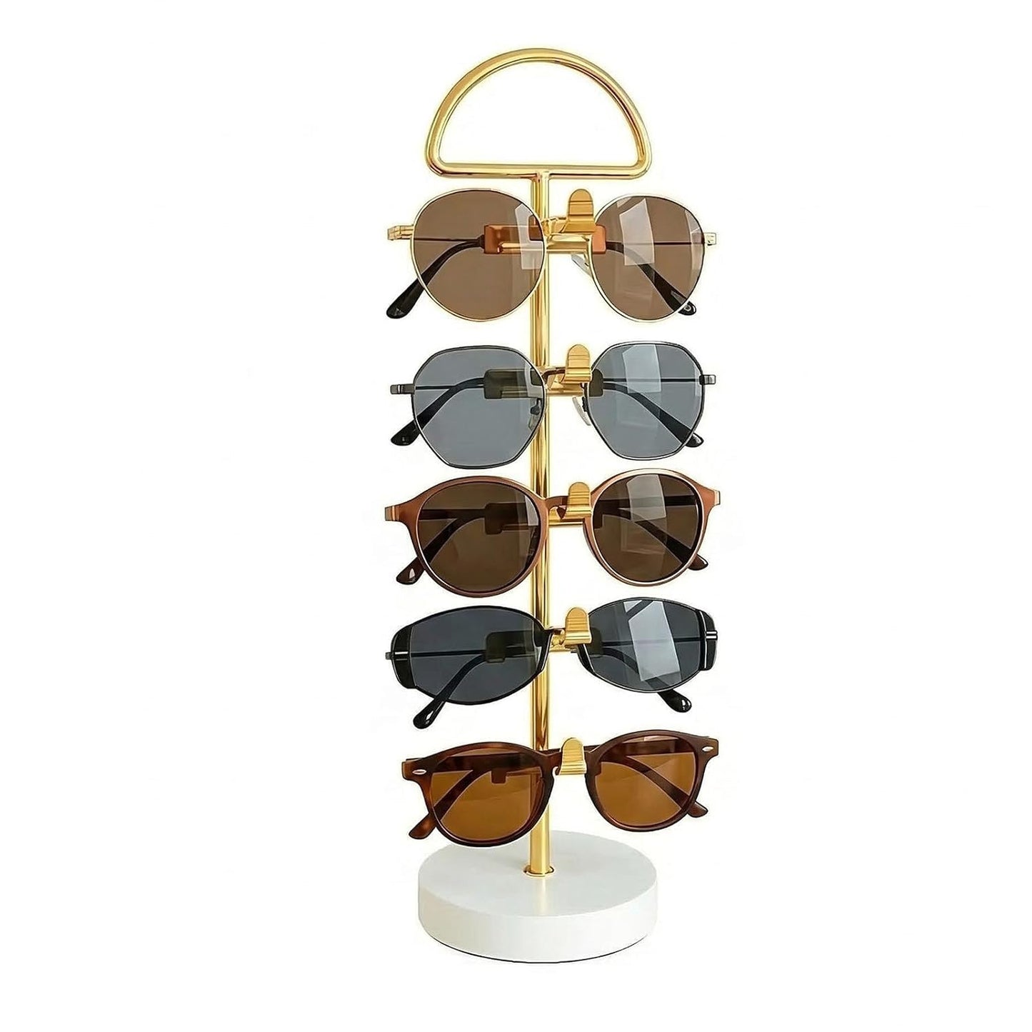 Sunglasses Stand for Countertop - Gold Eyeglass Holder, Vertical Sunglasses Organizer for 5 Pairs, Tabletop Eyewear Display for Bedroom Entryway Office (Gold, Wood Base - 1pc)