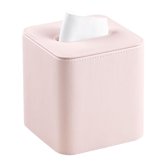 PU Leather Tissue Box Cover Square Tissue Box Holder, Pink | Magnetic Closure, Rounded Edges, Fits All Standard Cube Tissue Boxes, Decorative Tissue Holder for Living Room Bedroom Office