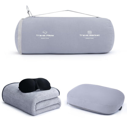 4-in-1 Travel Pillow & Blanket Set with Eye Mask, Memory Foam Neck Support, 50x65 Inch Blanket, Storage Bag for Airplane, Car, Train, Home Travel Grey